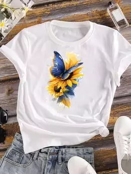 (Азиатский размер) Женская футболка Одежда акварель бабочка милая Повседневная печать Топ Графические футболки с коротким рукавом Футболка Модная принтованная женская S