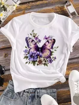 (Азиатский размер) Женская футболка Одежда бабочка цветочный тренд Повседневный принт Топ Графические футболки Футболка с коротким рукавом Модная принтованная женская S
