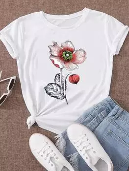 (Азиатский размер) Женская футболка, одежда, цветочный акварельный стиль, тренд 90-х годов, повседневная футболка с коротким рукавом, модный принт, женские женские футболки с графикой S