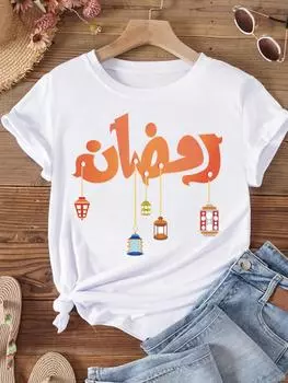 (Азиатский размер) Женская футболка Рамадан с коротким рукавом, стильная трендовая одежда 90-х годов, модный принт, женские повседневные женские футболки с графикой S
