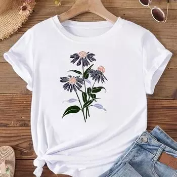 (Азиатский размер) Женская футболка с акварельным цветком в стиле 90-х годов, модная футболка с милым принтом, женская футболка, футболка с коротким рукавом и графическим рисунком S