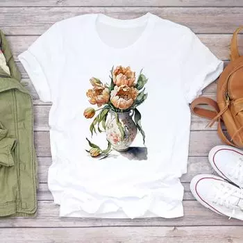 (Азиатский размер) Женская футболка с акварельным цветком и милым принтом 90-х годов, верхняя одежда, повседневная женская модная футболка с коротким рукавом, женская футболка с графическим рисунком S