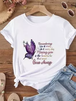 (Азиатский размер) Женская футболка с бабочкой в стиле 90-х годов, милый стиль, милая футболка с коротким рукавом, верхняя одежда, модный принт, женские повседневные женские футболки с графикой S