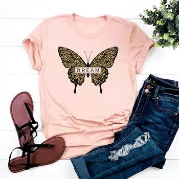 (Азиатский размер)Женская футболка с буквенным принтом и бабочкой, милая трендовая футболка с коротким рукавом, модная футболка, одежда, повседневная женская футболка с графическим рисунком S