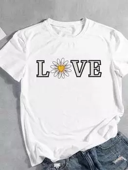 (Азиатский размер) Женская футболка с буквенным принтом в цветочном стиле с коротким рукавом, модная женская одежда с принтом, повседневная футболка, женские футболки с графическим рисунком S