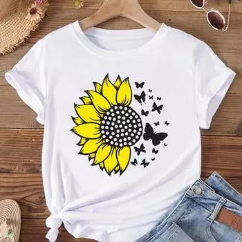 (Азиатский размер) Женская футболка с цветочным акварельным трендом, милая одежда с принтом, модная футболка, женские футболки с коротким рукавом и графикой S