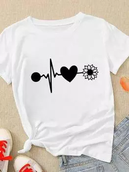 (Азиатский размер) Женская футболка с цветочным принтом и буквенным принтом, трендовая милая футболка с короткими рукавами, верхняя одежда, модный принт, женские повседневные женские футболки с графикой S