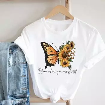 (Азиатский размер) Женская футболка с цветочным принтом и крыльями бабочки, верхняя одежда, повседневная модная футболка с короткими рукавами, женские футболки с графикой S