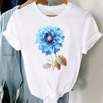 (Азиатский размер) Женская футболка с цветочным принтом и милым трендом 90-х годов с милым принтом, женская футболка с короткими рукавами, повседневная модная футболка, женская футболка с графическим рисунком S