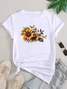 (Азиатский размер) Женская футболка с цветочным принтом и бабочкой, милая верхняя одежда 90-х годов, повседневная футболка с коротким рукавом, модная женская футболка с принтом и графическим принтом S
