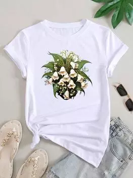 (Азиатский размер) Женская футболка с цветочным принтом, милая 90-х годов, повседневная футболка с коротким рукавом, модная женская футболка с принтом и графическим принтом S