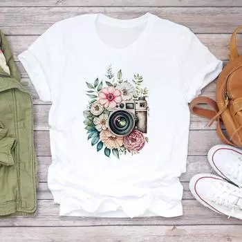 (Азиатский размер) Женская футболка с цветочным принтом и камерой в стиле 90-х годов, верхняя одежда, повседневная женская модная футболка с коротким рукавом, женская футболка с графическим рисунком S