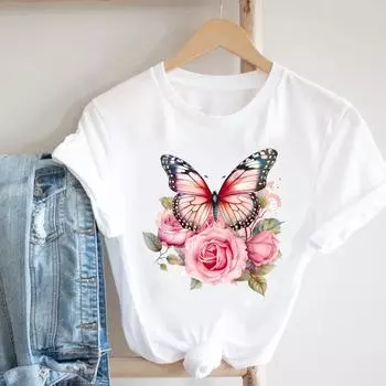 (Азиатский размер) Женская футболка с цветочным принтом, акварелью и бабочкой, милая женская футболка, повседневная модная футболка с коротким рукавом, женские футболки с графикой S