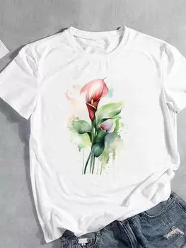 (Азиатский размер) Женская футболка с цветочным принтом и акварелью, милая модная футболка с коротким рукавом и принтом, женская одежда, повседневная футболка, женские футболки с графикой S