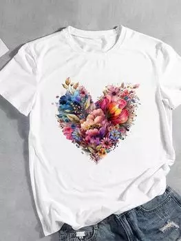 (Азиатский размер) Женская футболка с цветочным принтом и сердцем, трендовая милая одежда, повседневная модная женская футболка с короткими рукавами и принтом, женские футболки с графикой S