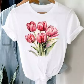 (Азиатский размер) Женская футболка с цветочным принтом в милом тренде в стиле 90-х годов, женская футболка, верхняя одежда, повседневная модная футболка с коротким рукавом, женские футболки с графикой S
