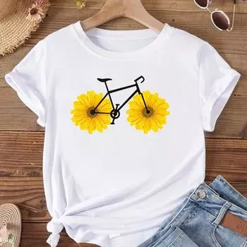 (Азиатский размер) Женская футболка с цветочным принтом и велосипедом, милая трендовая милая футболка, модная футболка, женская футболка, футболки с короткими рукавами и графикой S