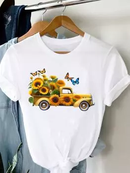 (Азиатский размер) Женская футболка с цветочным принтом и бабочкой в стиле грузовика с короткими рукавами и модным принтом, женская футболка, верхняя одежда, повседневная футболка, женские футболки с графикой S