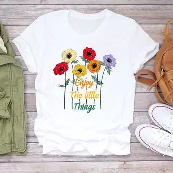 (Азиатский размер) Женская футболка с цветочным принтом и буквенным принтом, милая футболка 90-х годов, одежда, модная футболка, повседневная женская футболка с коротким рукавом с графическим рисунком S