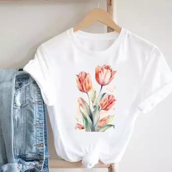 (Азиатский размер) Женская футболка с цветочным принтом и акварелью, женская футболка 90-х годов, верхняя одежда, повседневная модная футболка с короткими рукавами, женские футболки с графикой S