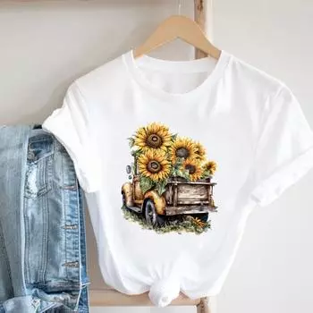 (Азиатский размер) Женская футболка с цветочным принтом и винтажным трендом, милая футболка с короткими рукавами 90-х годов, одежда, повседневная модная футболка, женская футболка с графическим рисунком S