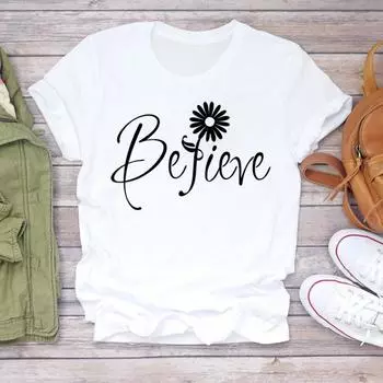 (Азиатский размер) Женская футболка с цветочным принтом и буквами в стиле 90-х, повседневная футболка с коротким рукавом, модная футболка, верхняя одежда, женские футболки с принтом и графикой S