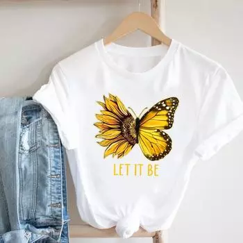 (Азиатский размер) Женская футболка с цветочным принтом и крыльями, милая женская футболка 90-х годов, верхняя одежда, повседневная модная футболка с короткими рукавами, женские футболки с графикой S