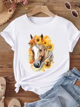 (Азиатский размер) Женская футболка с изображением лошади в цветочном стиле, милая футболка с короткими рукавами, верхняя одежда, модный женский повседневный принт с принтом, женские футболки с графикой S
