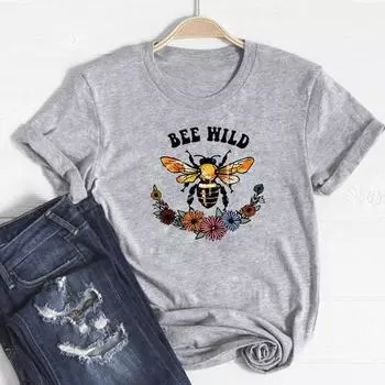 (Азиатский размер)Женская футболка с коротким рукавом и пчелиным цветком, милая, сладкая, с принтом 90-х годов, женская футболка, модная футболка, одежда, повседневная женская футболка с графикой S