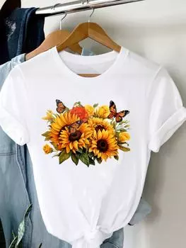 (Азиатский размер) Женская футболка с коротким рукавом и цветочным принтом, модная женская футболка, верхняя одежда, повседневная футболка, женские футболки с графикой S
