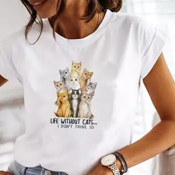 (Азиатский размер) Женская футболка с котом, забавным трендом, милая футболка с принтом 90-х годов, одежда, повседневная женская модная футболка с коротким рукавом, женская футболка с графическим рисунком S