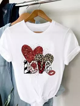 (Азиатский размер) Женская футболка с леопардовым сердечком и сердечком на день Святого Валентина, с коротким рукавом, модная женская футболка с принтом, повседневная одежда, женские футболки с графическим рисунком S