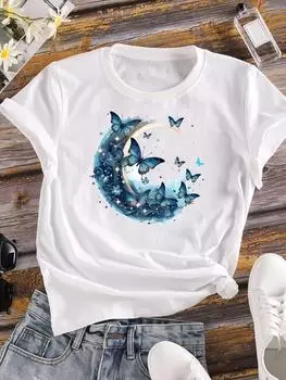 (Азиатский размер) Женская футболка с милой бабочкой в стиле 90-х Повседневная печать Топ Графические футболки с коротким рукавом Футболка с модным принтом Женская S