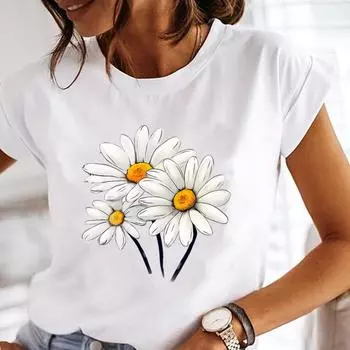 (Азиатский размер) Женская футболка с милым цветком, милая одежда, повседневная футболка с коротким рукавом с принтом, модные женские футболки с графическим принтом S