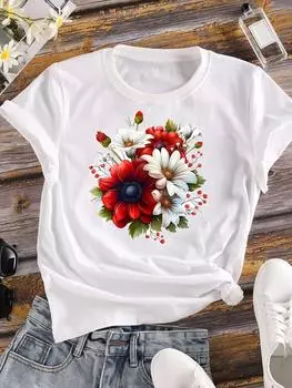 (Азиатский размер) Женская футболка с милым цветком, милая одежда 90-х, повседневная футболка с коротким рукавом, модные женские футболки с принтом и графикой S