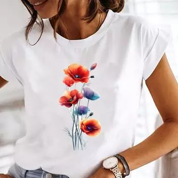 (Азиатский размер) Женская футболка с милым цветком, стильная, повседневная, с коротким рукавом, с принтом, модная женская футболка с графическим принтом S