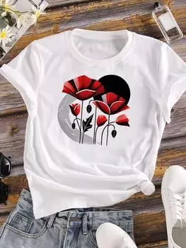 (Азиатский размер) Женская футболка с милым цветком в стиле 90-х, верхняя одежда, повседневная футболка с коротким рукавом, модные женские футболки с принтом и графикой S