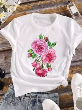 (Азиатский размер) Женская футболка с милым цветком в стиле 90-х, верхняя одежда, женская повседневная футболка с коротким рукавом, модные женские футболки с принтом и графикой S