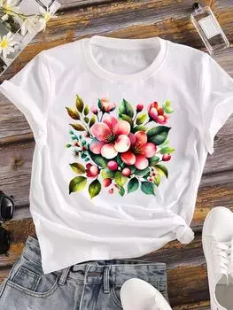 (Азиатский размер) Женская футболка с милым цветком в стиле 90-х, женская повседневная футболка с коротким рукавом, модные женские футболки с принтом и графикой S