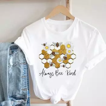 (Азиатский размер) Женская футболка с милым цветочным принтом «Пчела», женская футболка с короткими рукавами, одежда, повседневная модная футболка, женская футболка с графическим рисунком S