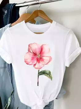 (Азиатский размер) Женская футболка с милым цветочным принтом в стиле 90-х с коротким рукавом и модным принтом, женская футболка, верхняя одежда, повседневная футболка, женские футболки с графикой S