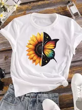 (Азиатский размер) Женская футболка с милым цветочным принтом в стиле 90-х, повседневная одежда с принтом, футболки с коротким рукавом, модная женская футболка с принтом S