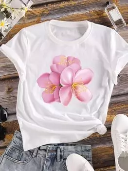 (Азиатский размер) Женская футболка с милым цветочным принтом в стиле 90-х, женская повседневная футболка с коротким рукавом, модные женские футболки с графическим принтом S