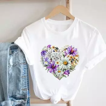 (Азиатский размер) Женская футболка с милым принтом Love Heart Flower Trend, повседневная женская модная футболка с коротким рукавом, женская футболка с графическим рисунком S