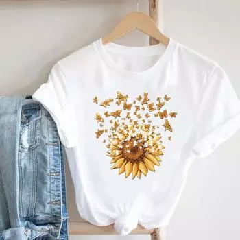 (Азиатский размер) Женская футболка с милым принтом бабочки в стиле 90-х, верхняя одежда, повседневная модная футболка с коротким рукавом, женские футболки с графическим рисунком S