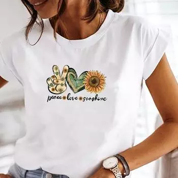 (Азиатский размер) Женская футболка с милым принтом и цветочным принтом Love Heart, верхняя одежда, повседневная женская модная футболка с коротким рукавом, женская футболка с графическим рисунком S