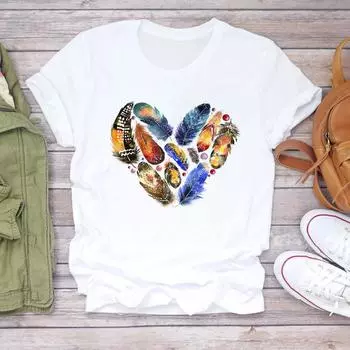 (Азиатский размер) Женская футболка с милым принтом в виде перьев, любви и сердца, верхняя одежда, повседневная модная футболка с короткими рукавами, женская футболка с графическим рисунком S