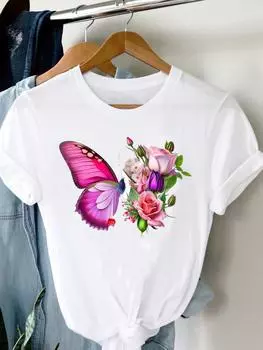 (Азиатский размер) Женская футболка с милым принтом бабочки в стиле 90-х годов, модная женская футболка с коротким рукавом и принтом, повседневная футболка, женские футболки с графикой S