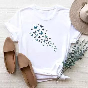 (Азиатский размер) Женская футболка с милым трендовым принтом бабочки, модная футболка, женская футболка, футболки с короткими рукавами и графикой S