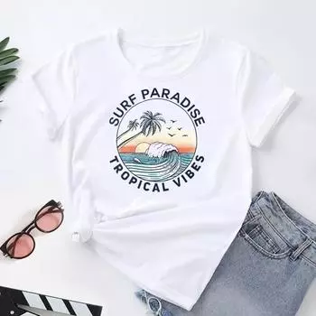 (Азиатский размер) Женская футболка с мультяшным волновым трендом, милая футболка с принтом в стиле 90-х, модная футболка, женская одежда, футболки с короткими рукавами и графикой S